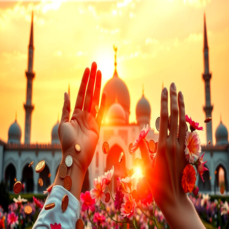 Hands of woman praying with tulip flower and mosque backgroundの写真素材