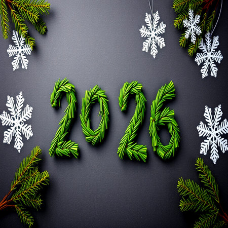New Year and Christmas tree branches with snowflakes on black background