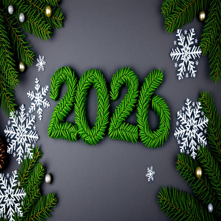 New year and christmas background with fir branches and snowflakesの写真素材