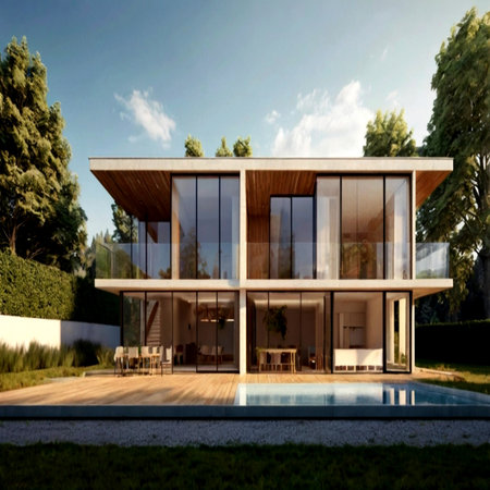 Modern house with swimming pool. 3d render. House exterior.の写真素材