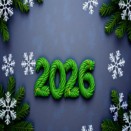 Happy New Year 2016 greeting card with christmas tree branches and snowflakesの写真素材