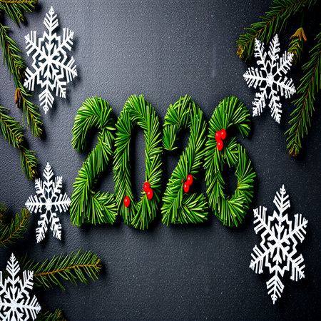 New Year and Christmas background with fir branches, snowflakes and berriesの写真素材