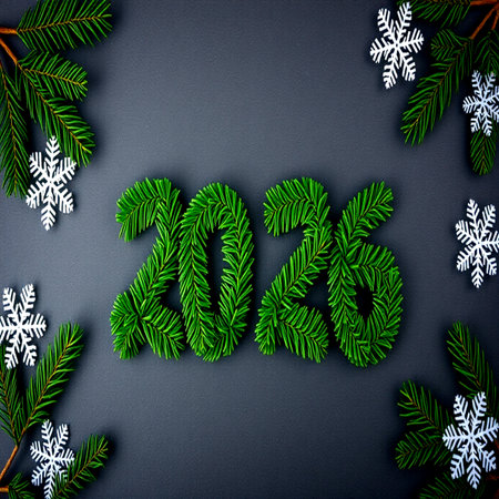 New Year 2014 background with fir tree branches and snowflakes.の写真素材