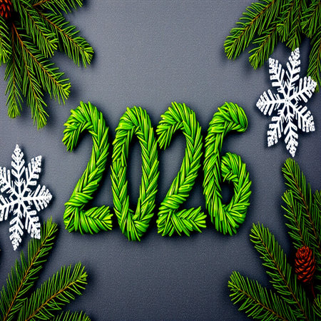 New year background with fir branches and snowflakes. Top viewの写真素材