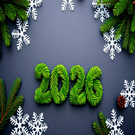 New Year's background with fir branches and numbers 2025 on a black backgroundの写真素材