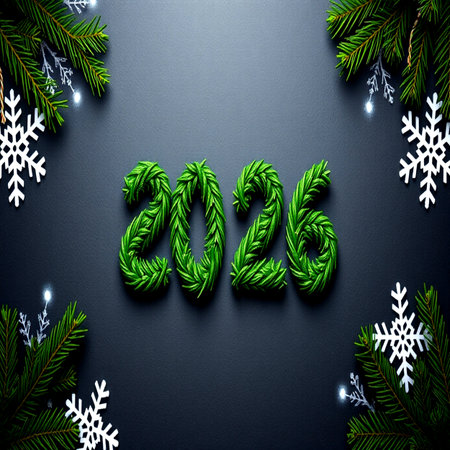 New Year's card with fir branches and numbers 2022 on black background.