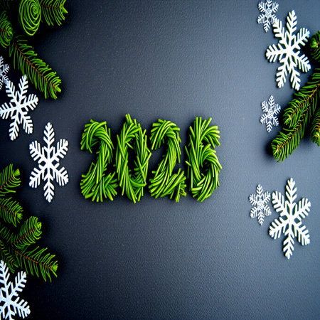 Christmas and New Year background with green fir branches and snowflakes.