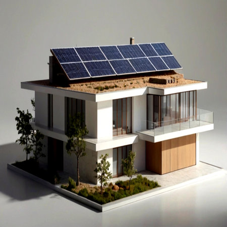 House with solar panels on the roof and trees on the ground.の写真素材