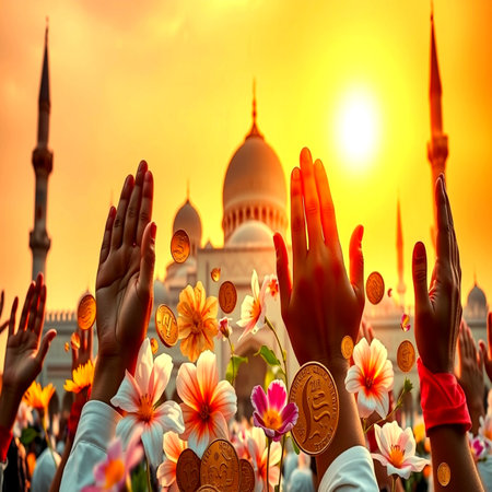 Hands raised up to worship with the mosque background
