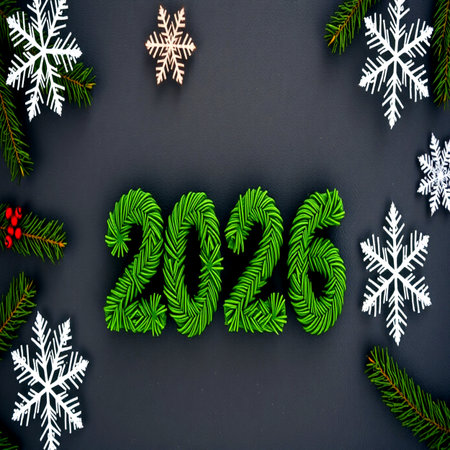 New Year concept. Christmas tree branches and snowflakes on black background top view.の写真素材