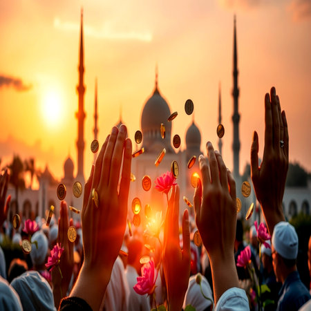 Silhouette of hands raising up with gold coins and tulip flowers in front of the mosque at sunset