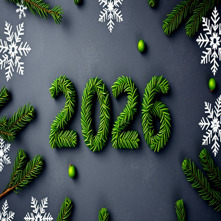 New Year's background with Christmas tree branches, snowflakes and numbers 2020.の写真素材