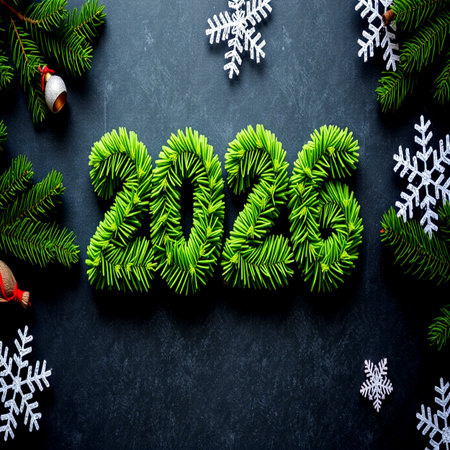 Happy New Year text made of fir tree branches on black background.