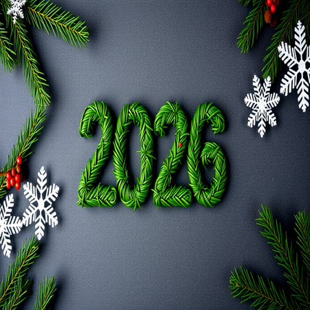 New Year and Christmas background with fir branches, snowflakes and numbers on black background