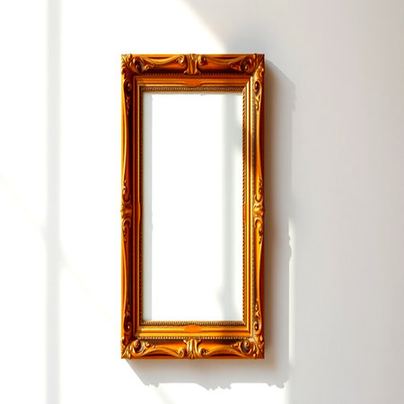 Picture frame on white wall, vintage style. 3d render.の写真素材