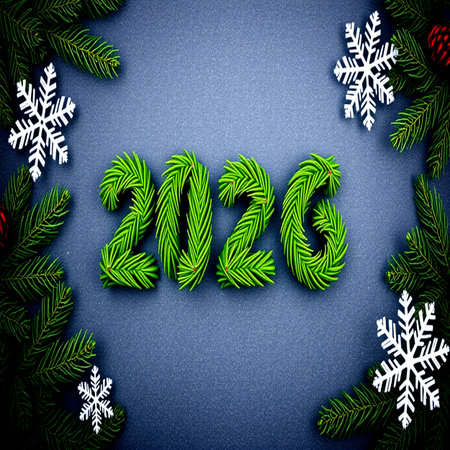 Happy New Year and Merry Christmas background with green fir tree branches and snowflakes.の写真素材