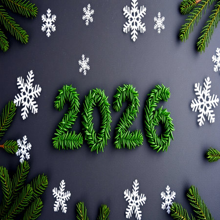 Happy new year 2016, green fir branches and snowflakes on black background