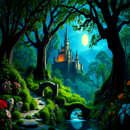 Magic castle in the forest at night. Fairytale landscape with fantasy castle and bridgeの写真素材