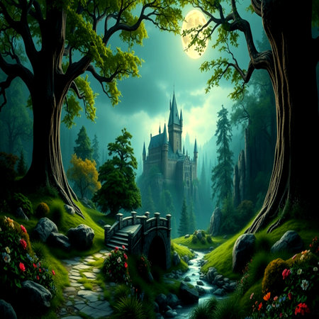 Fantasy landscape with fantasy castle in the forest. 3d renderingの写真素材
