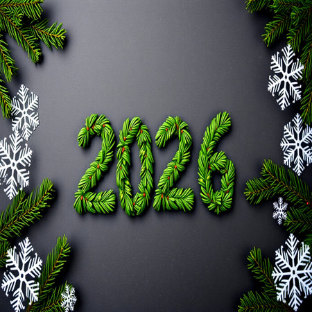 New Year's card with green fir branches and snowflakes on a black backgroundの写真素材