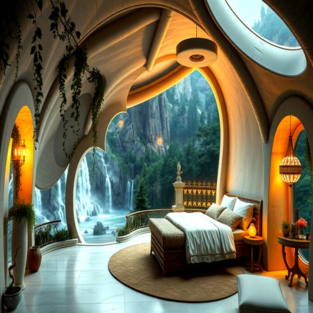 3d rendering of a hotel room with a beautiful waterfall in the backgroundの写真素材