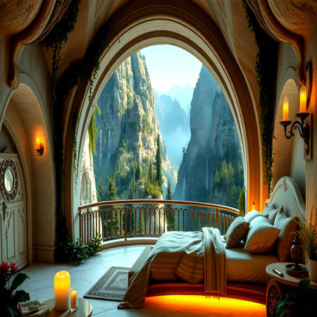 Beautiful interior of a hotel room with a view of the mountainsの写真素材