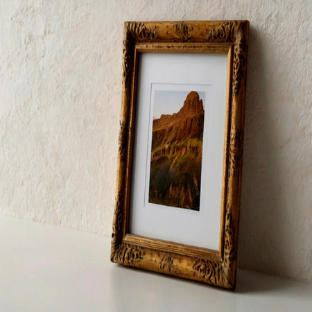 Wooden photo frame on white table and white wall in background.の写真素材