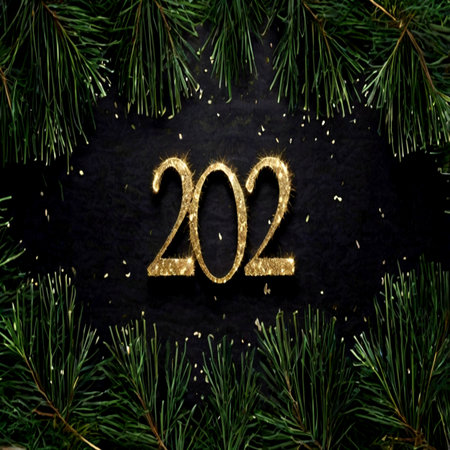 2022 Happy New Year background with fir tree branches and golden glittering numbers