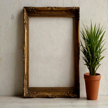 Photo frame on a white wooden table with a plant in a potの写真素材