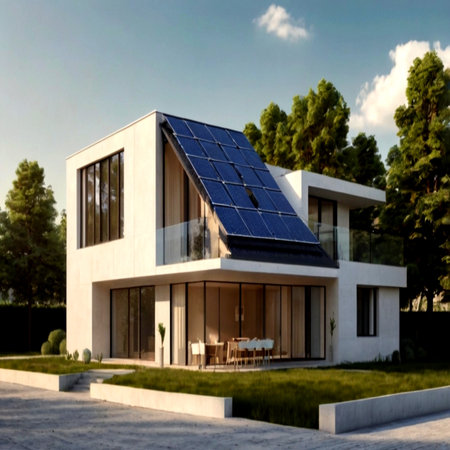 Modern house with solar panels on roof. Photovoltaic modules.の写真素材