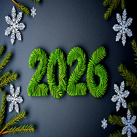 New Year's background with fir branches and snowflakes on a black backgroundの写真素材