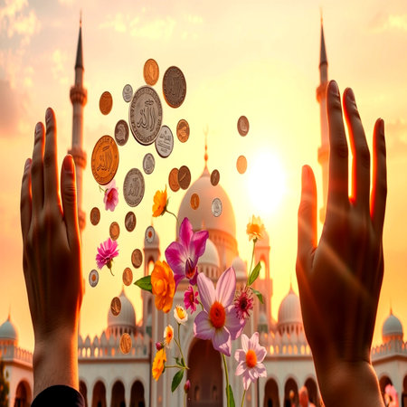 Hands of Muslim woman praying with mosque background. Ramadan Kareem concept.