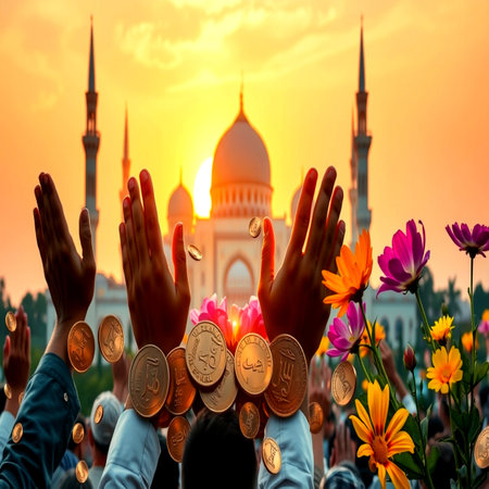 Hands of people raised up on the background of the dome of the mosque in the sunsetの写真素材