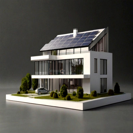 House with solar panels on the roof. 3D model of the house.の写真素材