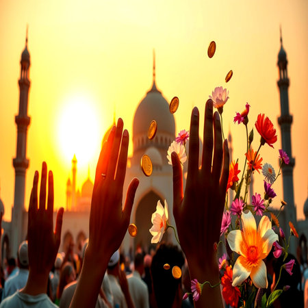 Hands of people praying at the mosque during the sunset.