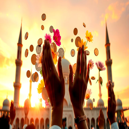 Silhouette of Muslim woman hands with flowers and coins around mosque at sunsetの写真素材