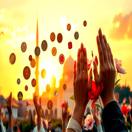 Hands of people praying at sunsetの写真素材