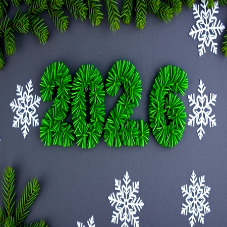 New Year's background with green fir branches and numbers on a gray backgroundの写真素材