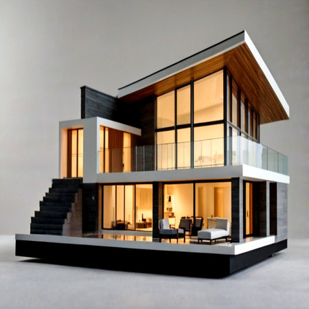 3d rendering of modern cozy house with pool and parking for sale or rent. Black and white color.の写真素材