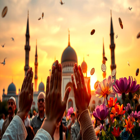 Hands of Muslim people praying in front of the mosque at sunsetの写真素材