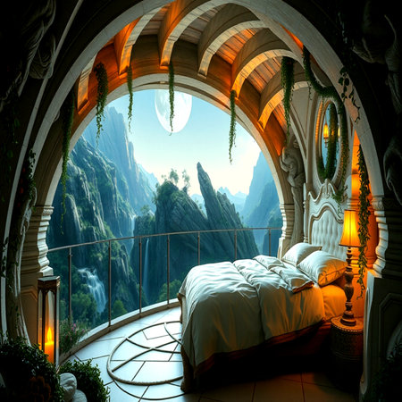Luxury bedroom in the mountains. 3d rendering. Computer digital drawing.の写真素材