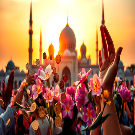 Hands of Muslim people with tulip flowers and coins against the backdrop of the Taj Mahal in Agra, Uttar Pradesh, Indiaの写真素材