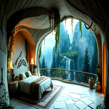3d rendering of a fantasy bedroom with a view of the waterfallの写真素材