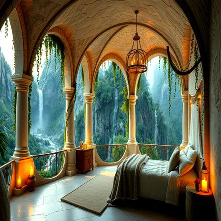 Luxury hotel room interior with a beautiful view of the landscape.の写真素材