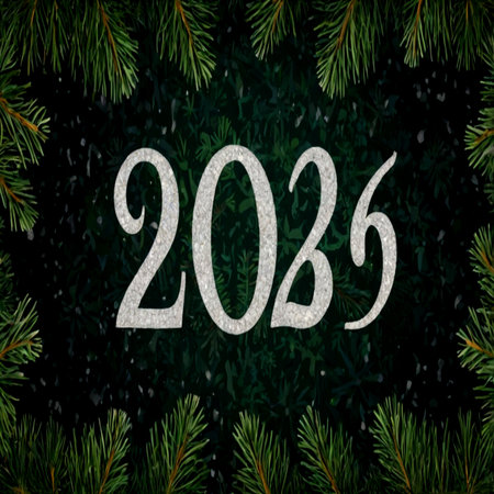 Happy New Year greeting card with fir tree branches and numbers.の写真素材