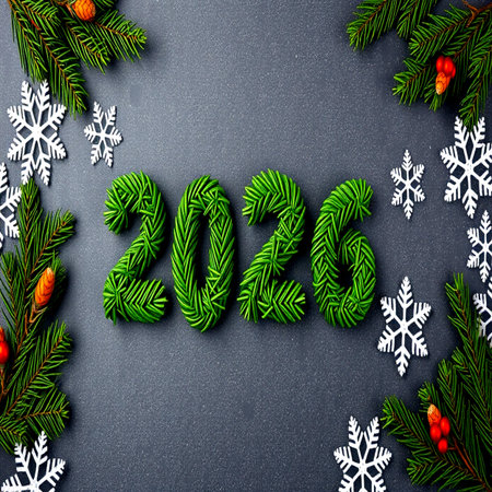 New Year and Christmas background with fir branches, snowflakes and numbers 2020 on black backgroundの写真素材