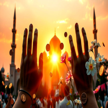 Hands of buddha with golden coins and flowers in front of mosque at sunsetの写真素材