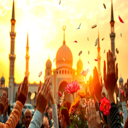 Muslim people raised their hands in front of the mosque at sunset.の写真素材
