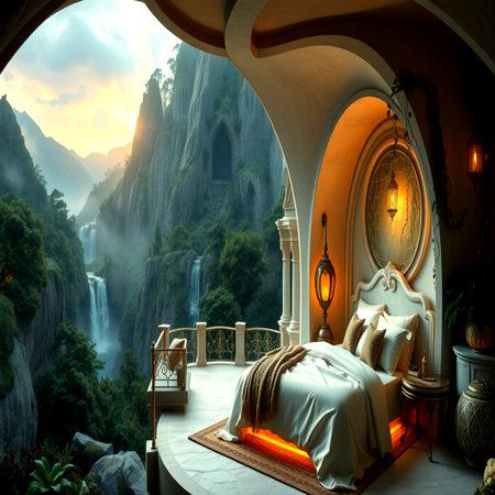Beautiful luxury hotel room with a waterfall in the mountains at sunsetの写真素材