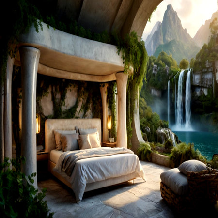Luxury bedroom with a waterfall in the background. 3d renderingの写真素材